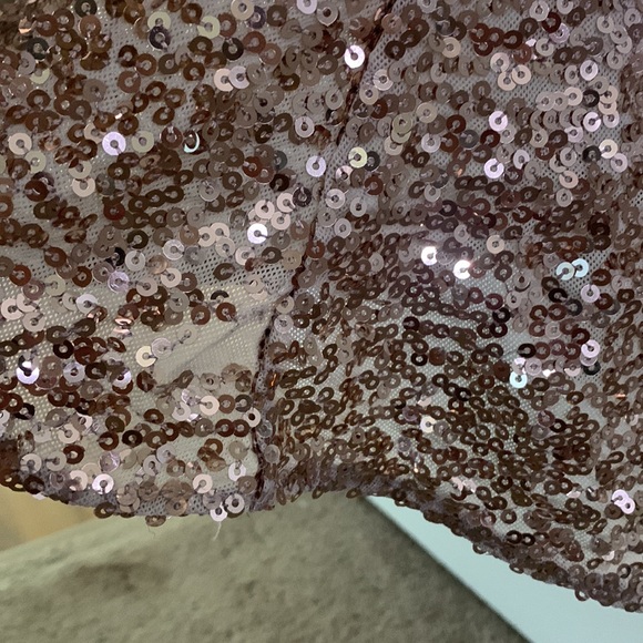 Badgley Mischka,Sequin Cowl Back Gown, rose gold, short sleeves, concealed zip. - Picture 7 of 11